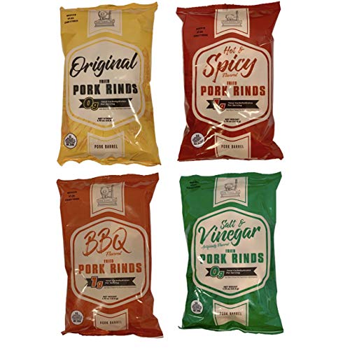 Pork Barrel Pork Rinds, Four 1.75 oz Bag Variety Sampler - Keto Friendly Snack Low Carb, Salty Chicharrones - Original, BBQ, Hot & Spicy, Salt and Vinegar - use as Pork Rind Breadcrumb