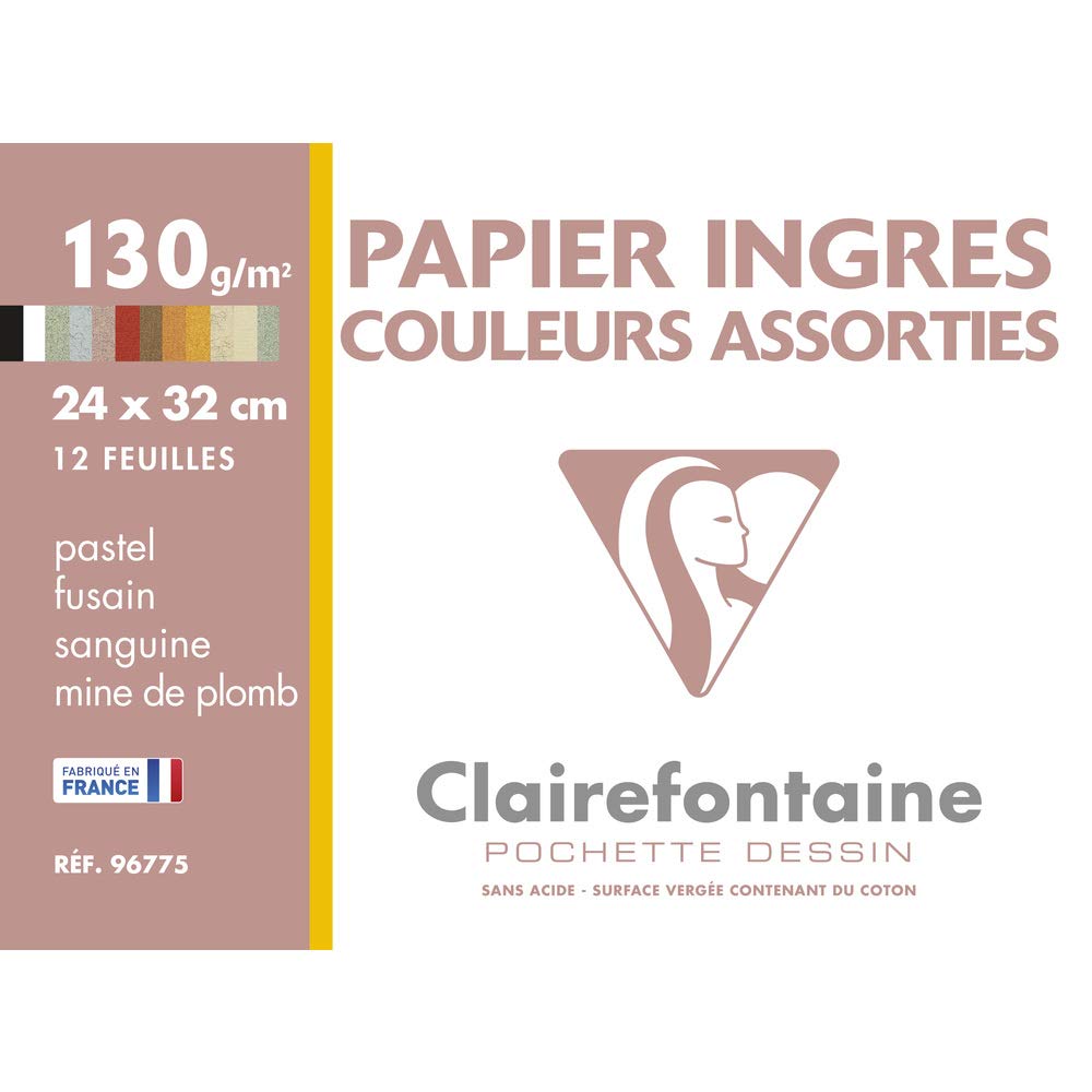 Clairefontaine - Ref 96775C - Ingres Pastel Paper (12 Sheets) - 24x32cm in Size, 120gsm Paper, Envelope Packet - Suitable for Use With Pastels, Charcoal & Pencil