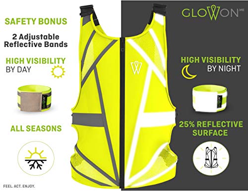 Reflective Running Vest | Reflective Gear for Running, Cycling, Jogging, Walking, Motorcycle | Adjustable Safety Vest | Front Zipper | Back Pocket | Bonus Set of 2 Adjustable Bands, for Men and Women