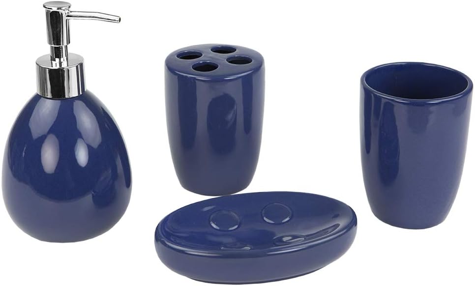 Home Basics 4-Piece Bathroom Accessory Set, Includes Soap/Lotion Dispenser, Toothbrush and Toothpaste Holder, Soap Dish, and Tumbler, Navy: Kitchen & Dining