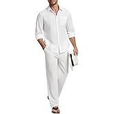WEEN CHARM Mens Shirts Casual 2 Piece Long Sleeve Button Down Cuban Shirt and Pants Set Summer Beach Outfits
