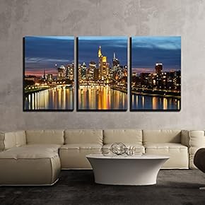 3 Piece Canvas Wall Art - City Skyline at Night - Modern Home Art Stretched and Framed Ready to Hang - 16"x24"x3 Panels