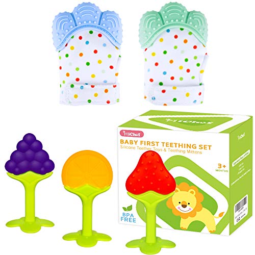 MICHEF Teething Mittens for Baby (2 Pack) with Baby Teething Toys (3 Pack), Self Soothing Pain Relief Mitt, Silicone Baby Teethers, BPA-Free, Natural Organic Freezer Safe for Infants and Toddlers