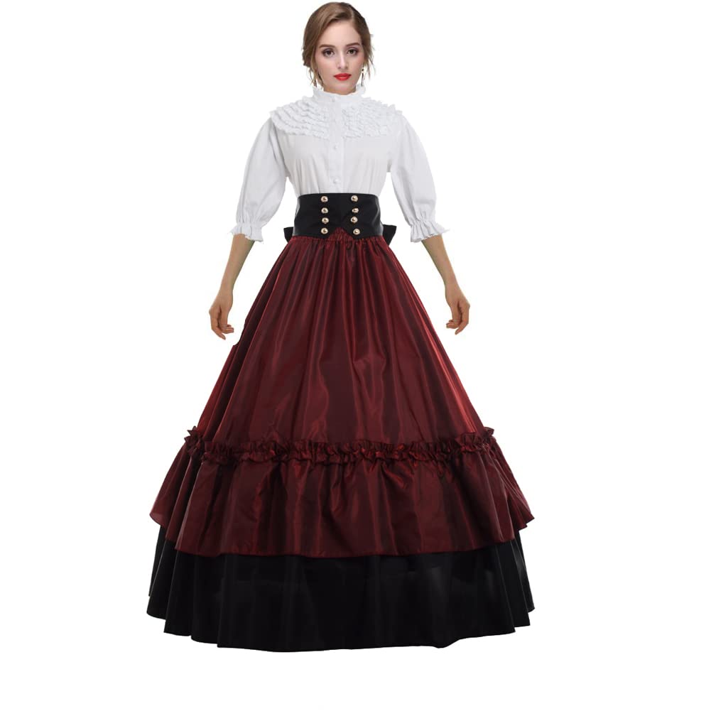 GRACEART Medieval Women Victorian Vintage Retro Dress Theater Corset Costume Ball Gown (Blouse & Skirt & Petticoat) (S, Wine red)