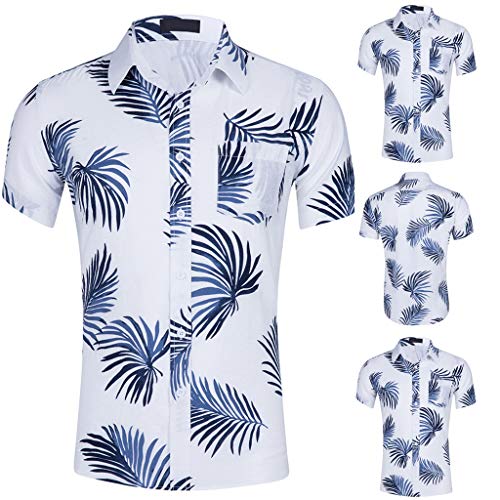 Amacok Men's Hawaiian Shirt Short Sleeve Shirt Summer Beach Party Flower Shirt Holiday Casual Shirts (White, L) - Thumbnail 2
