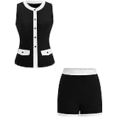 winkbay Women's 2 Piece Work Office Outfits Elegant Button Up Crew Neck Suit Vest and Shorts Summer Set