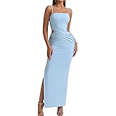 EYNMIN Spaghetti Strap Long Formal Dress Cut Out Ruched Bodycon Split Elegant Wedding Guest Maxi Dresses for Women