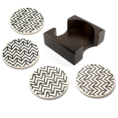 Coaster Set of 4 with Holder | Stone Drink Coasters Set, Chevron. Absorbent with Beautiful Wood Holder | Made of Ceramic with Cork Back, Absorbs Spills - Thumbnail 2
