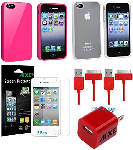 2 ATXE Rubber Skin Case Compatible with Apple AND Wall charger,2 data cable,2 Screen Protect for iPhone 4 / 4S