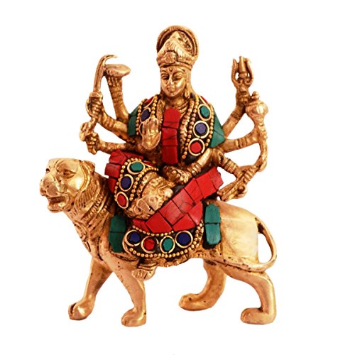 Purpledip Hindu Religious Goddess Durga Sherawali Ma Statue: Sculpted in Solid Brass Metal with spectacular gemstonework: Hindu Religious Gift (11076)