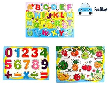 FunBlast Wooden English Alphabet A to Z, Number 123 & Fruits with Early Learning Educational Board for Kids (Set of 3)