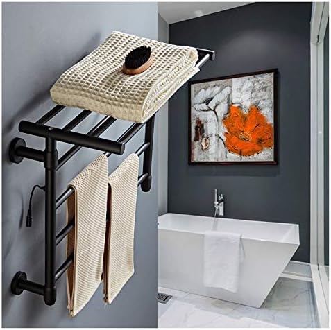 FAUCDUXYET Modern 4 Bar Wall Mounted Towel Warmer with Top Shelf in Chrome | Energy Efficient 110W Electric Plug in/Hardwired Heated Towel Rack for Bathroom,Black,Hardwired