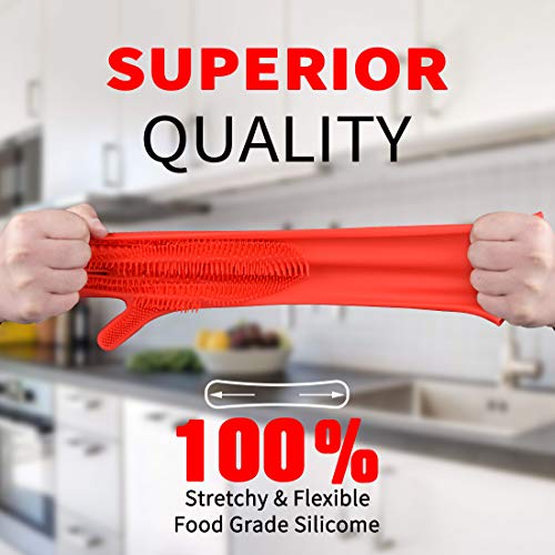 Magic Saksak Silicone Gloves, Silicone Cleaning Gloves for Kitchen Bathroom Cleaning, Pet Hair Care, Car Washing (1 Pair, Red)