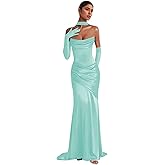 EBCoin Mermaid Strapless Bridesmaid Dresses for Women Pleated Satin Evening Dress with Neck Scarf