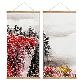 2 Panel Hanging Poster with Wood Frames - Ink Painting Style Mountain in Red - Ready to Hang Decorative Wall Art - 18"x36" x 2 Panels