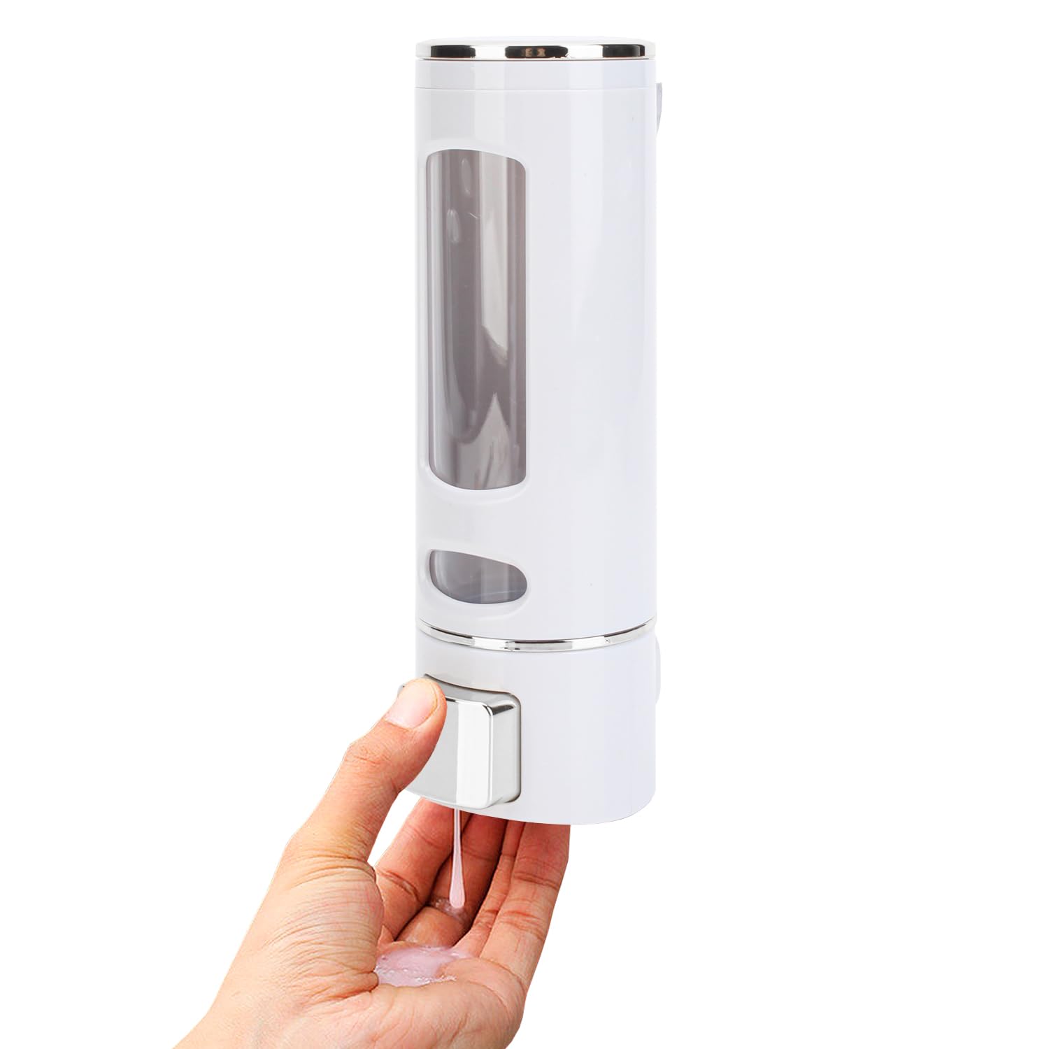 450ml Wall Mount Soap Dispenser - Manual Hand Shampoo and Shower Gel Dispenser for Bathroom and Kitchen - Lotion Container - Convenient and Stylish (White Shell, Silver Press)