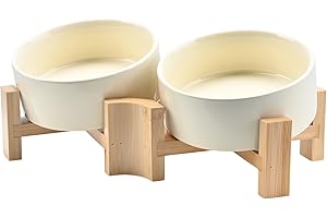 SPUNKYJUNKY 15° Slanted Ceramic Dog and Cat Bowl with Wooden Stand, Tilted Bulldog Food and Water Bowl No Slip Non-Spill for Cats Medium Dogs Big Face Pets 13.5 OZ (1.7 Cups, Beige × 2)