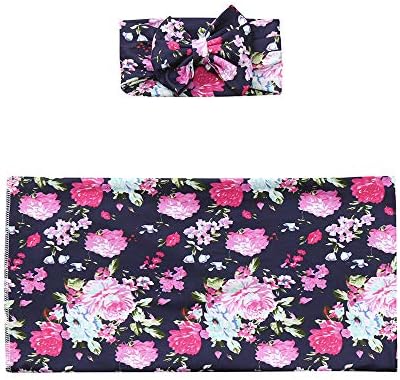 Carolui 2Pcs Newborn Infant Baby Girls Swaddle Blanket Wrap Floral Toddler Kids Baby Sleeping Bag with Bow HeadbandWrap+Headband Set