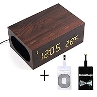 WALTSOM Wireless Charger Speaker, Multi-Function Wooden LED Digital Clock Bluetooth Speaker with Built in Mic, NFC, Temperature/Time Display, Alarm Clock for Smartphones Laptop Home Use (Dark Wood)