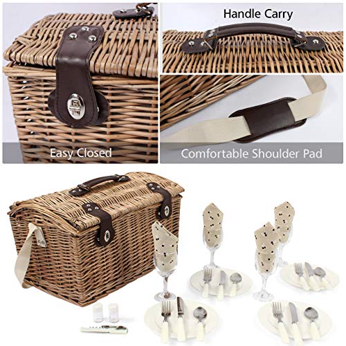 HappyPicnic Willow Picnic Basket Set for 4 Persons, Natural Wicker