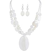 Rosslyons Big Oval Gemotric Pendant Necklace for women Double Strand Colorful Beads Statement Necklace and Earrings Set Fashion Jewelry Gifts