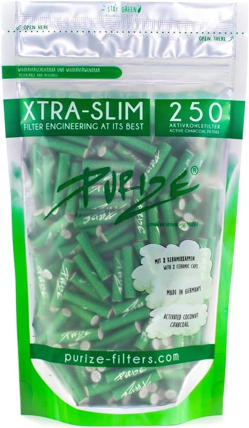Xtra Slim Filter Tips Bags with Activated Charcoal by Purize (x250)-250pcs-Green