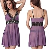 LOVEDATE Women's Sexy Lingerie Lace Babydoll Mesh Chemises Strappy Sleepwear (Medium, Purple)