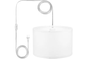 PATIKIL Plug in Pendant Light, 15Ft Rope Cord Hanging Lamp Fixture with ON/Off Switch, Fabric Shade E26/E27 Bulb Socket for Bedroom Kitchen Living Room, White