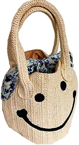 New Emoji Wicker Straw Woven Crossbody Casual Beach Fashion Shoulder Tote Bag (Beige floral)