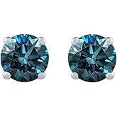 Blue - I1 Round Brilliant Cut Diamond Earring Studs in 14K Gold