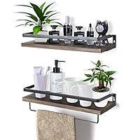 Rustic Floating Wall Shelves with Rails, 2 Sets Wood Wall Storage Shelves for Kitchen, Bedroom, Bathroom, Office, Perfect Home Decorative Storage with Detachable Towel Rack (Brown)