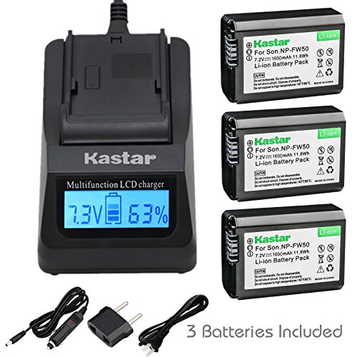 Kastar Fast Charger and Battery (3-Pack) for Sony NP-FW50, NPFW50 and Alpha 7, a7, a7R, a3000, a5000, a6000, NEX-3, NEX-5, NEX-6, NEX-7, NEX-C3, NEX-F3, SLT-A33, SLT-A35, SLT-A37, SLT-A55V, DSC-RX10