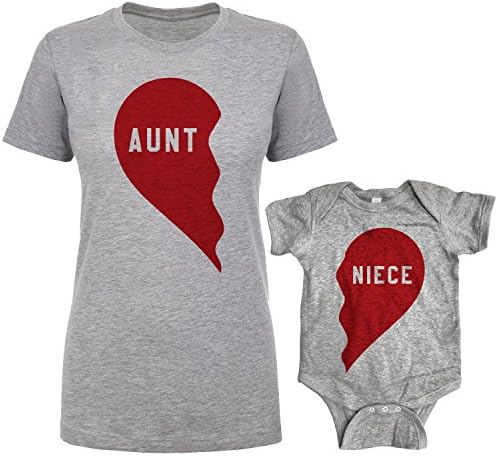 Southern Designs Aunt and Niece Split Heart Matching Shirt and Baby Romper by (Adult Medium - Baby 24 Month)