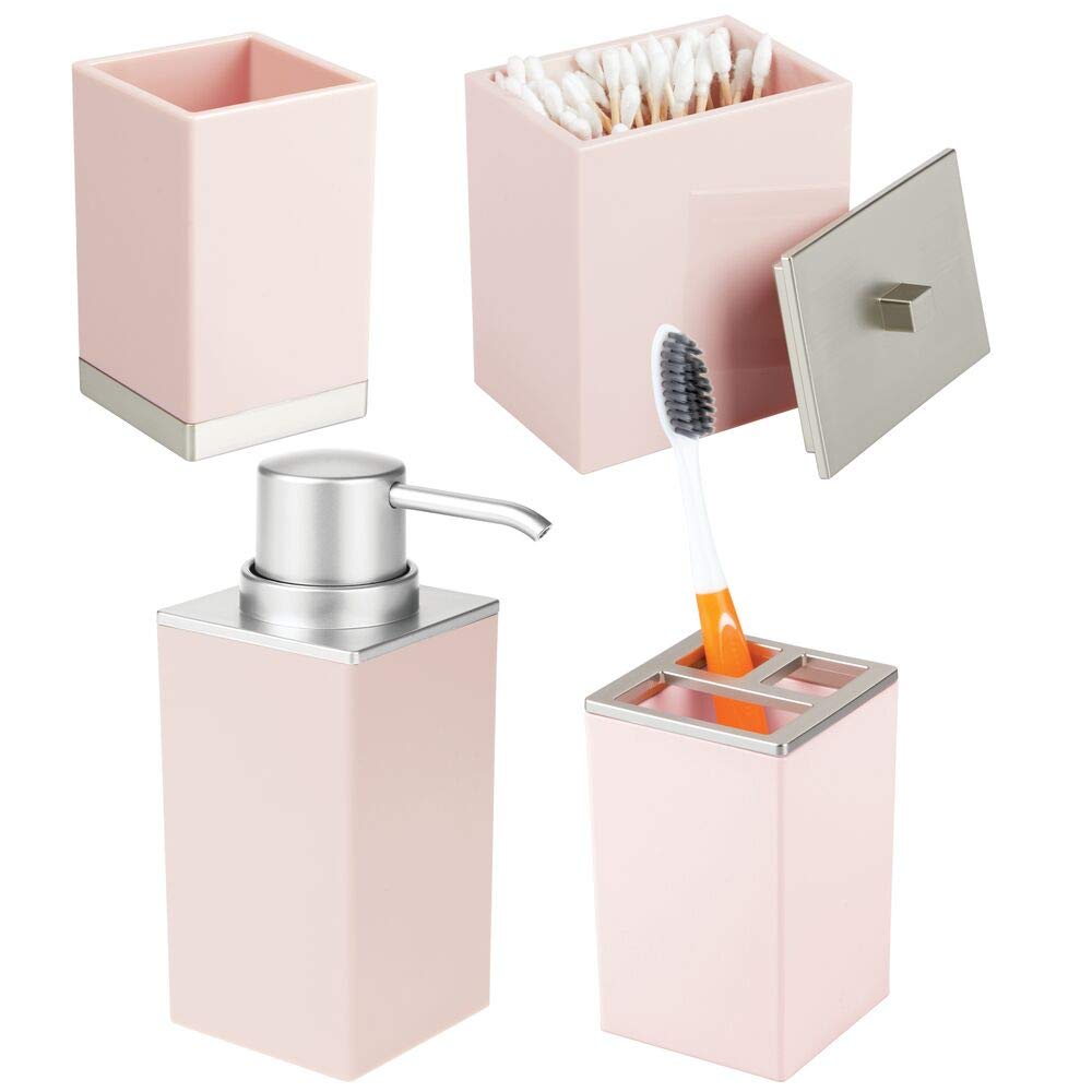 mDesign Plastic Bathroom Vanity Countertop Accessory Set - Includes Soap Dispenser Pump, Divided Toothbrush Holder, Tumbler Rinsing Cup, Storage Canister - 4 Pieces - Light Pink/Brushed