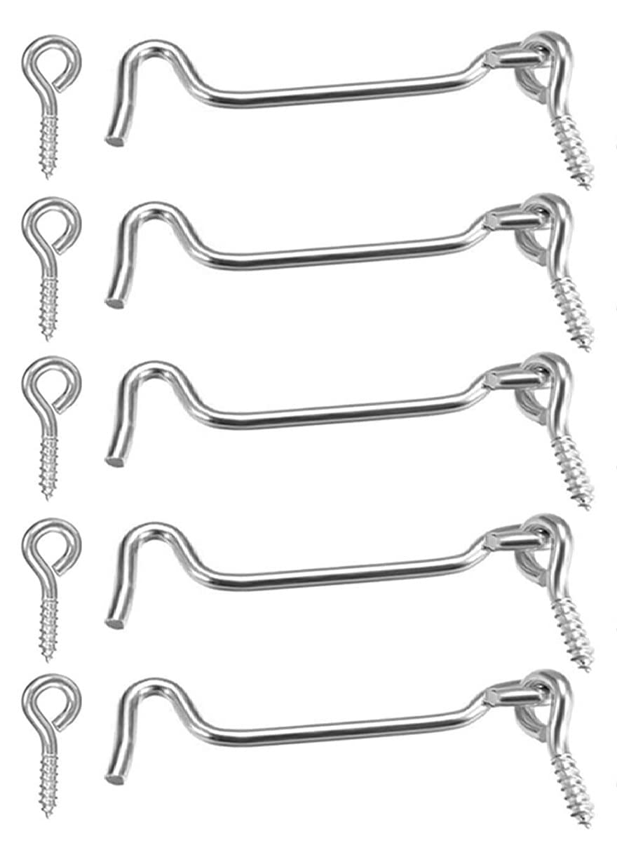 TERF® High Quality Cabin Hook and Eye Zinc 100mm (4 inch) Gate Door Lock Latch Hook Eye For Window Slide Barn Bathroom Toilet Cabinet Cupboard Shed Gate Door Latch and Multi Purpose Use - Pack of 5