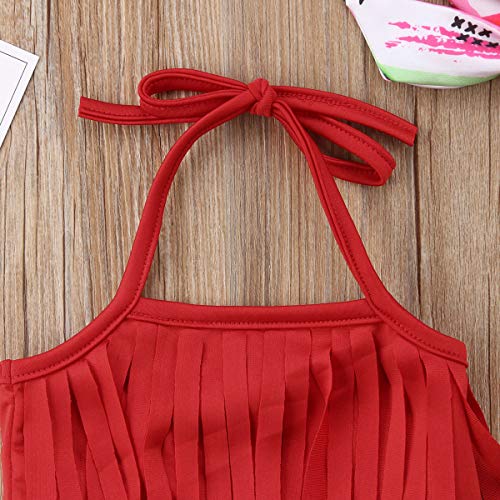 Toddler Kids Baby Girl Swimwear Cute Dinosaur Print Tassel Top Bikini Set Summer Swimsuit Beachwear with Headband (Watermelon-Red, 12-18 Months) - Thumbnail 4