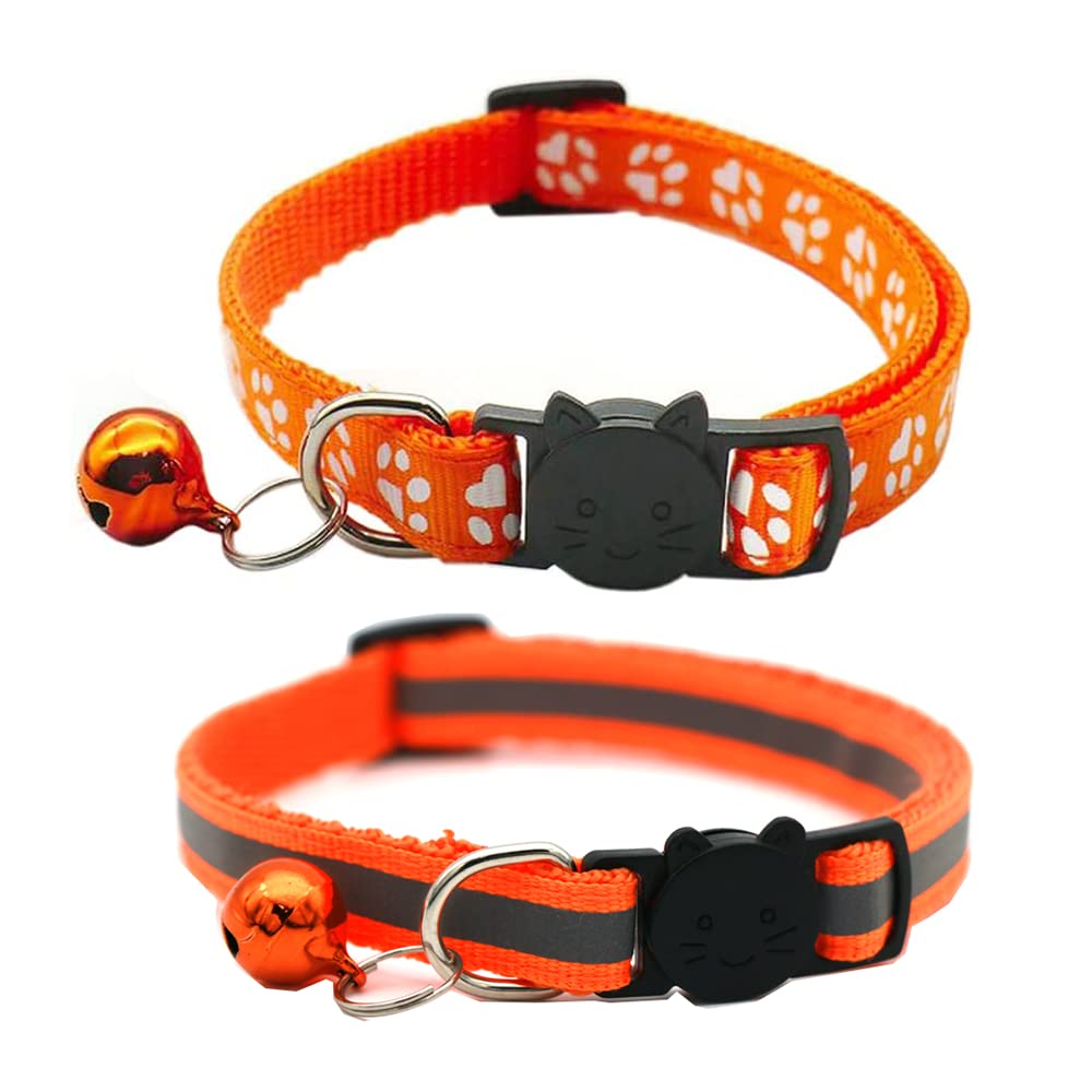 Hepplly Cat Collar, 2-Pack Reflective Nylon Kitten Collar with Bell, Adjustable Length from 19cm to 32cm, Skin-Friendly Material, Safety Buckle, Special Feature- Nighttime Visibility, Orange