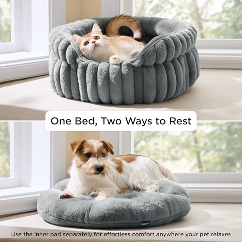 BEDSURE Fluffy Cat Bed for Indoor Cats - 58 x 58 cm Small Round Cat Bed, Washable Large Cat Bed for Kittens and Puppies with Non-Slip Base and Removable Cushion, Grey