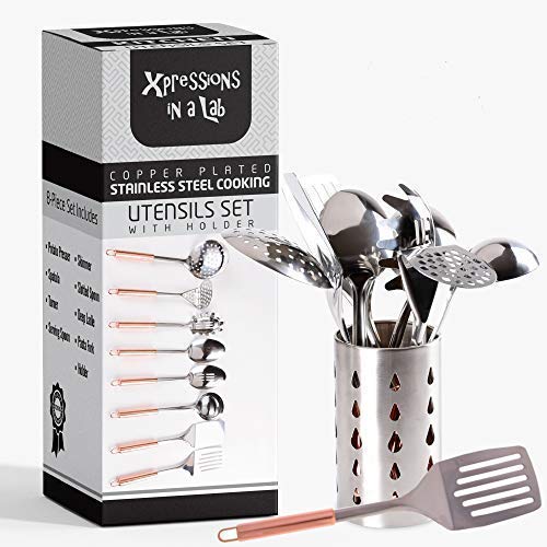 9-Piece Copper Plated Stainless Steel Kitchen Utensil Set With Drain Holder | Copper Plated Kitchen Utensils With Spatula | Kitchen & Serving Accessories | Stainless Steel Cooking Utensils Set