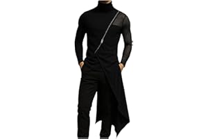 Men Asymmetrical Long Side Split Long Sleeve T-Shirt Vintage Streetwear Gothic Tops Stretch Casual Shirts Clothes