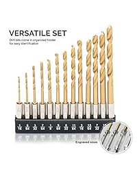 Tooluxe 10171L juego de 13 piezas de mechas de titanio para taladro, de acero de alta velocidad, eje hexagonal de 0.25 pulgadas de cambio rápido