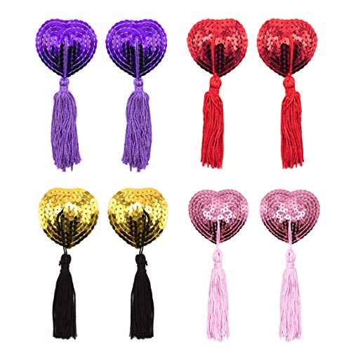 4 Pairs Reusable Adhesive Nipple Cover,Shiny Sequin Silicone Heart-Shaped Breast Pads Pasties Bra with Tassel