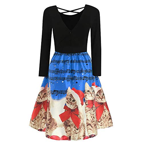 Party Dress Women Long Sleeve Christmas Cats Musical Notes Print Vintage Dress Blue