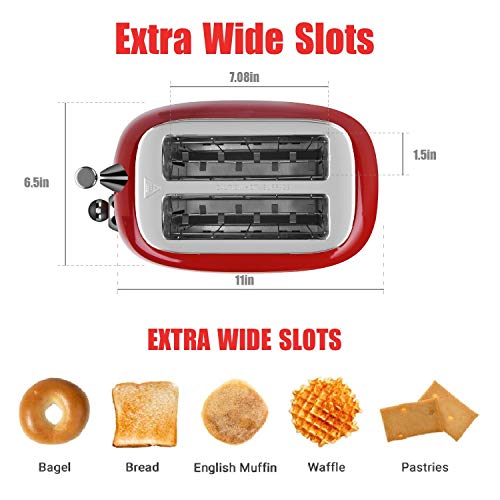 2 Slice Toaster, KitchMix Retro Stainless Steel Bread Toasters with 6 Settings, 1.5 In Extra Wide Slots, Bagel/Defrost/Cancel Function, Removable Crumb (Red)
