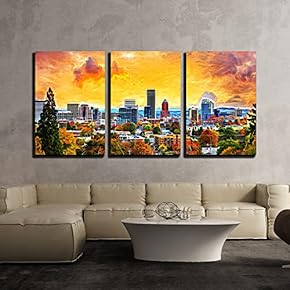 3 Piece Canvas Wall Art - Portland Oregon Downtown City During Sunset in The Fall Season Abtract Painting - Modern Home Art Stretched and Framed Ready to Hang - 16"x24"x3 Panels