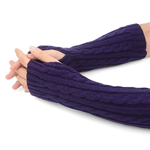 Flammi Women's Cable Knit Arm Warmer Fingerless Gloves Thumb Hole Gloves Mittens (Purple) - Thumbnail 2