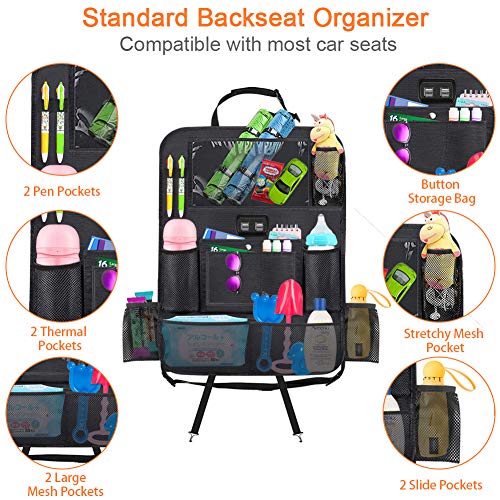 Backseat Car Organizer with 4 USB Charging Port, 11'' Touch Screen Tablet Holder, Seat Back Protectors Kick Mats for Toy Bottle Book Drink, Universal Fit Travel Accessories for Kid & Toddlers (2 Pack)