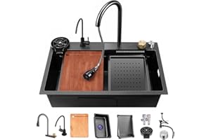 LIJIJUCN Black Waterfall Kitchen Sink, Drop in Single Bowl Stainless Steel Bar Sink with Cup Washer Sinks, Topmount Workstation Kitchen Sink with Accessories (Size : 33.5 x 17.7in)
