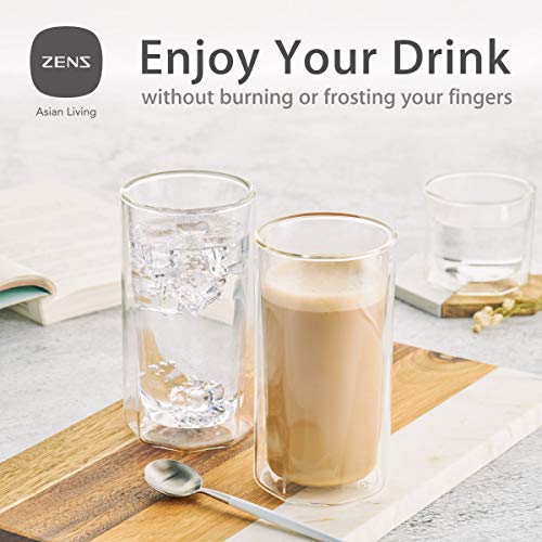 ZENS Double Wall Highball Glasses Set of 2, 14oz Water Glass Tumbler Coffee Cups, Glassware Drinking Set for Cocktails Beverage, Juice, Gift Package