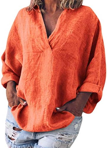 Mayunn Womens Cotton Linen Long Sleeve Pocket V Neck Shirt Baggy Blouse Solid Tops (S-5XL)